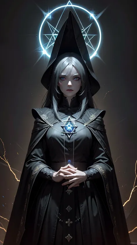 (Very detailed 8k wallpapers), The middle ground of a terrifying necromancer,magic, Bright magic, pentacle, Magic Circles, spark of light, iintricate, A highly detailed, Dramatic