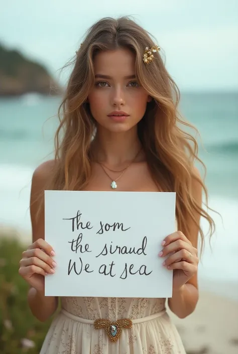  Beautiful girl with long wavy hair , bohemian dress,  holding a white board with the text  " I Love Seaart Infinity"  and showing it to the spectator 