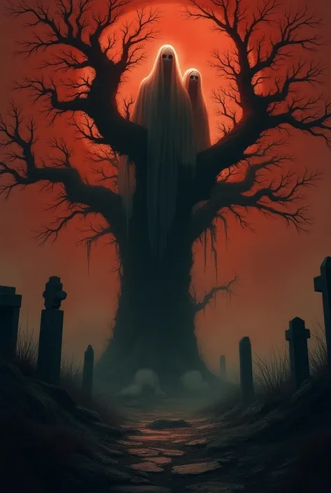 make a scary horror graveyeard with a big tree that is home of big ghosts with a red sky