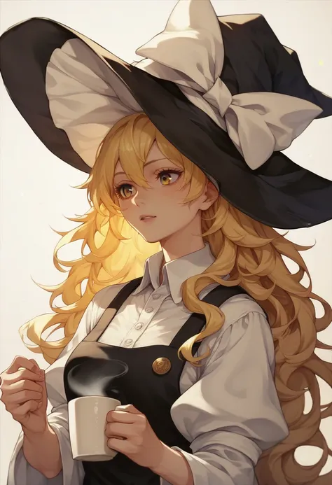 kirisame marisa, witch hat, blonde hair, long hair, upper body, holding coffee mug in one hand, 2d,