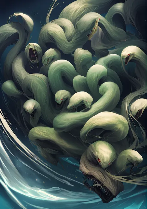 Cthulhu,Lots of snake-like heads、Lots of big-headed snakes、deep sea,dark