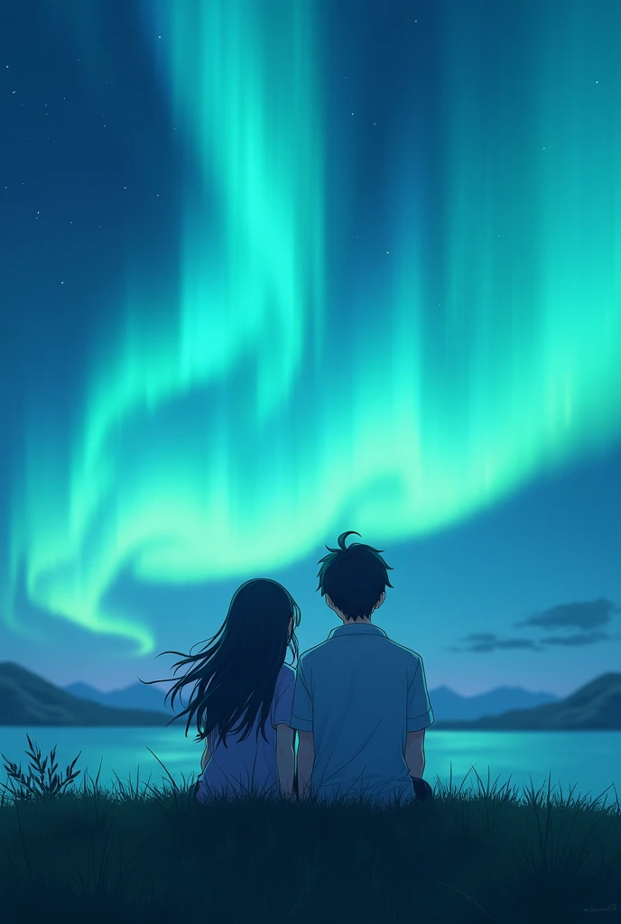 Anime couple sitting on a hill looking at a blue aurora and a little in zoom