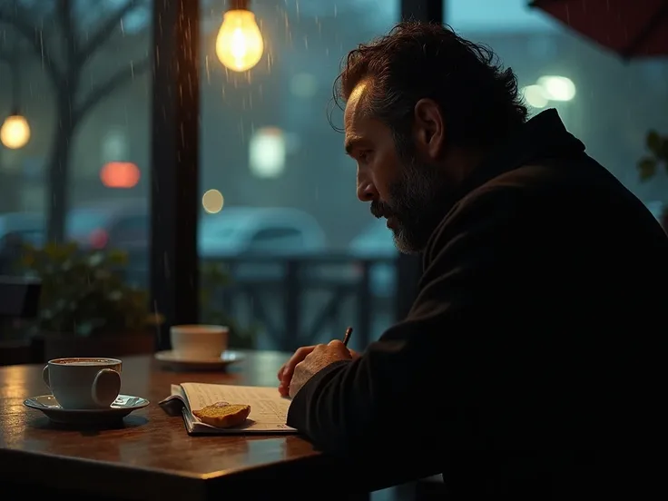 Cinematic photo. Film noir feel. A rainy evening at a coffee shop on the outskirts of a metropolitan city. A black haired and bearded 45-year-old man is sitting alone at a table in the restaurant. His looks is like a detective. Accompanied by a cup of hot ...