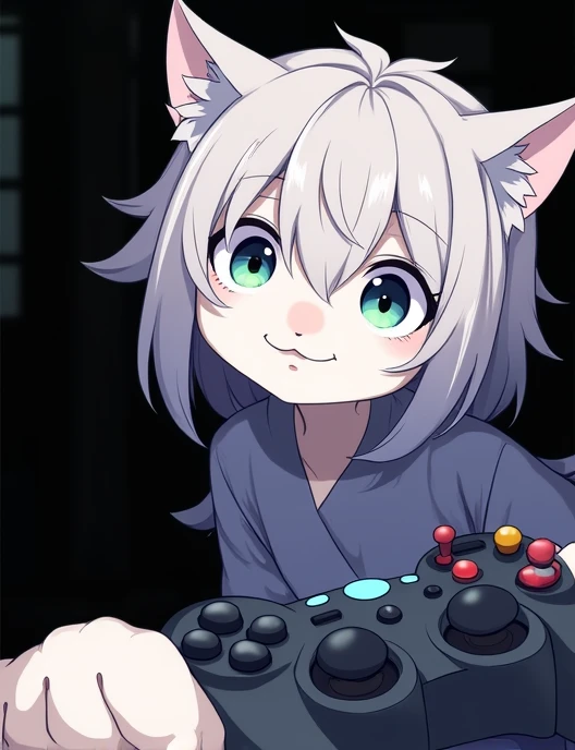 Feline hands holding a video game controller, first person view 