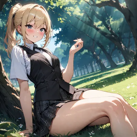 
(Best Quality),(masterpiece),(Super detailed),( Perfect Anatomy),(Perfect hands),One Girl、Black Eyes、( blonde ponytail)、smile、blush、Small breasts,black vest and white shirt,black plaid mini skirt,Thighs、sitting on the grass in the park、Sunlight filtering ...