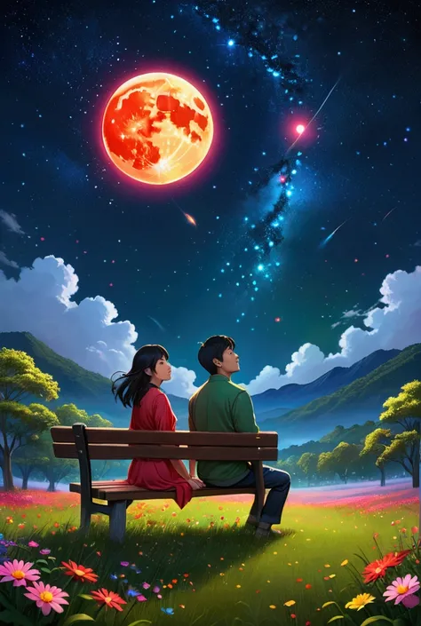 a detailed asian couple sitting on a bench in a meadow covered with colorful flowers, holding hands and looking up at a night sky filled with a red full moon, colorful stars, and glowing fireflies of red, yellow, pink, green, and blue, all with a realistic...