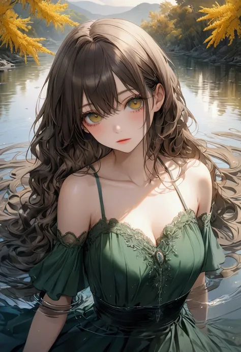 (((absurdres, highres, ultra detailed, HDR, master piece, best quality, extremely detailed, delicated features, noise removal))), 1 woman, Age 25 years, absurdly long hair, wavy hair, Hair spreading on the water surface, brown hair, goldenrod eyes, Beautif...