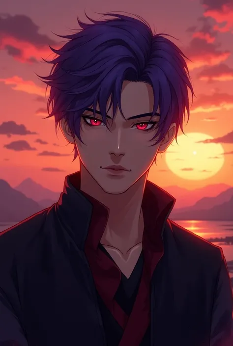 A 24 years boy purple hair stands in front of a sunset, inspirado em Magali Villeneuve, Oriental Face, pintura de personagem bonita, Estilo de arte oriental, arabian art, 8k arte detalhada de alta qualidade, epic fantasy art portrait, epic exquisite charac...