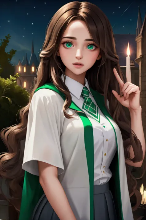 best quality, masterpiece,  super detailed , High resolution, long hair brunette, Hogwarts , Slytherin, Magic wand , Night , girl 