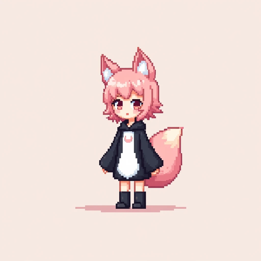 pixel RPG videogame art style, 8 bits, minimalist design, female character, light pink hair, peach color eyes, pale skin, black an white kitsune custome, light pink fox ears, light pink fox tail, blank background