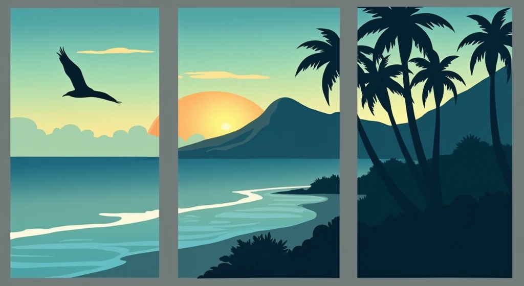 three panels of a painting of a bird on a beach, island background, ocean background setting, which shows a beach at sunset, sunset illustration, 3 panel action scenes, beach landscape, matte illustration, beach setting, flat matte painting, beach sunset b...