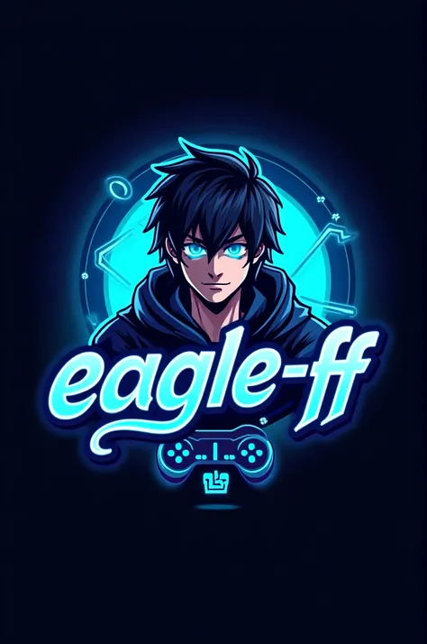 This is a gaming logo that features the name "EAGLE-FF" in a futuristic font and a neon blue color. and Boy Anime avtar, The logo also has a stylized controller icon and a tiktok logo in the background. The logo is designed to be attractive and eye-catchin...