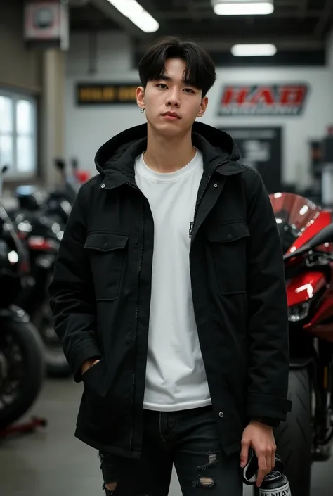 real photo, a young handsome man ,ras Korea,pop star,cute,fair skin, elegant neat black hair, pake jacket astra honda add a white t-shirt full of oil ,ripped jeans, is in a shiny luxury workshop with the inscription "HAB MECHANIC ", there is a shiny luxury...