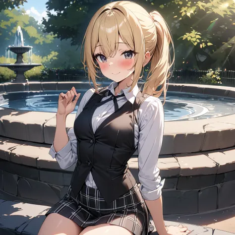 
(Best Quality),(masterpiece),(Super detailed),( Perfect Anatomy),(Perfect hands),One Girl、Black Eyes、( blonde ponytail)、smile、blush、Small breasts,black vest and white shirt,black plaid mini skirt,Thighs、Sit at a park fountain、Sunlight filtering through th...