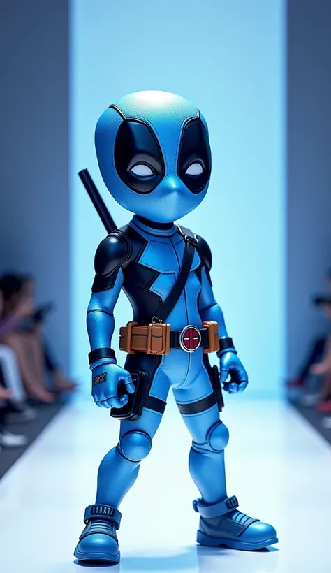 Cute   wearing blue white deadpool costume, posing funny on the fashion show catwalk 