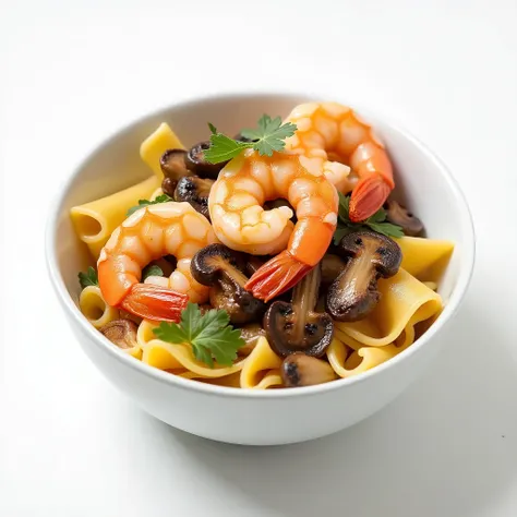 A white bowl seen from above with pasta, mushrooms, shrimp 