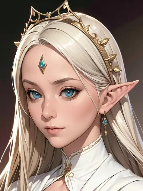 a close up of a woman with a white hair and a white dress, portrait of an elf queen, baroque digital painting, blonde elvish emp...