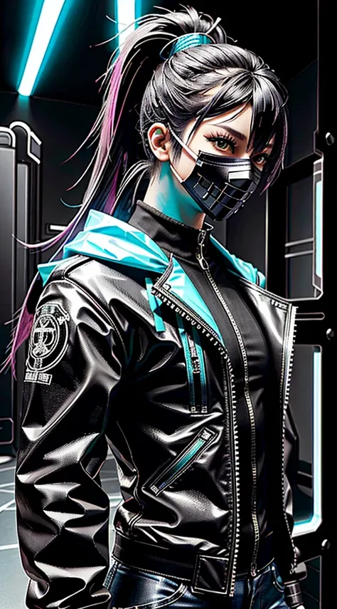 CyberpunkAI, neon, human-tiger, neon hair, neon eyes, ponytail hairstyle, black leather jacket, laser samurai, hood up, sneaking, mask,goggles,