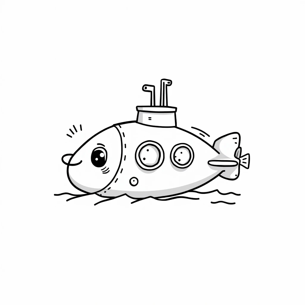 a cute cartoon navy submarine, for s to color, playful design, line art colouring page, coloring pages,cartoon style for coloring book page, simple shapes, smooth textures, high quality, high detail, adorable, friendly, fun, engaging, -friendly, simple lin...