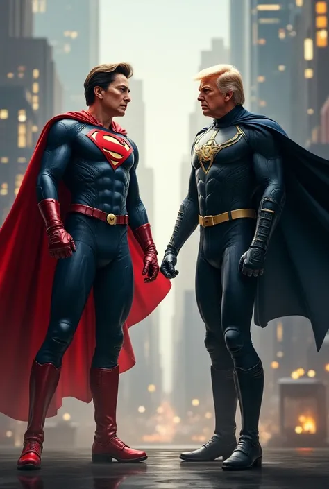 Create a picture of how the superheroes Trump and Elon Musk go in Marvel style with a blatant Marvel suit, the 2 really bad villains Kamala Harris and Joe Biden fight 