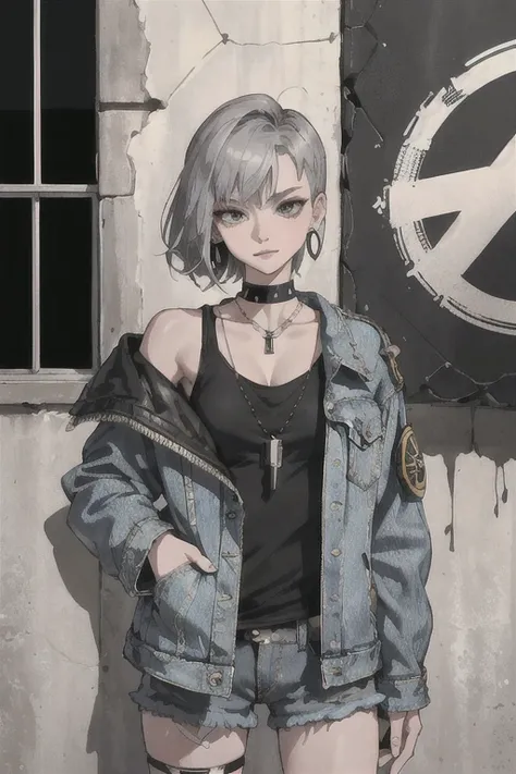 (masterpiece:1.2, best quality), (1lady, solo, upper body:1.2), Hair: buzz cut, Clothing: oversized, distressed denim jacket with patches and pins, paired with black skinny jeans and combat boots, Accessories: silver hoop earrings and a black choker neckla...