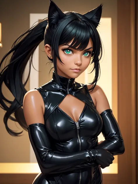 (best quality), 1girl, female, tanned skin, black hair, high ponytail, side swept bangs, long hair, green eyes, perfect eyes, hero universe, black catsuit, cat ears, chat noir, smug, masterpiece, anatomically correct, highres
