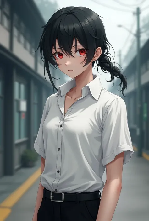 white open collared shirt,Short sleeves,black slacks,belt,School zone,(detailed eyes),detailed skin,masterpiece,(1 adult),black hair,red pupils,Facing sideways,A little long white hair on the right Only the hair on the right side is long