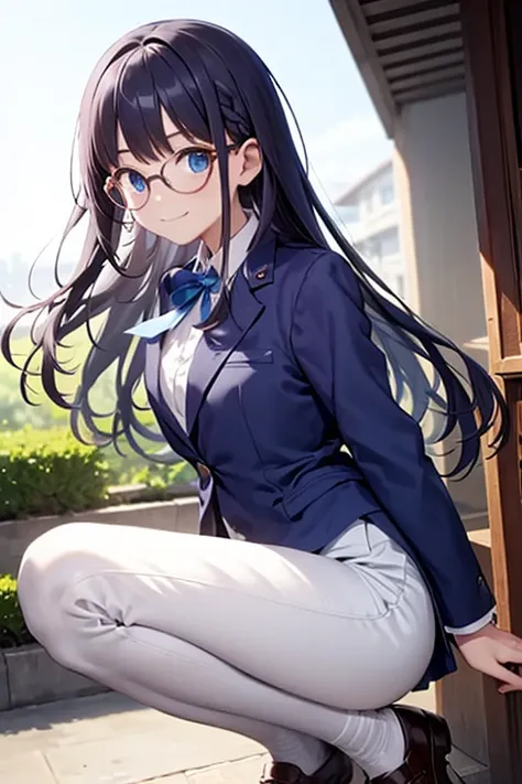  anime style。beautiful girl。 high school freshman。Braided long hair。Shiny Hair。 straight and smooth textured hair 。 hair that flows naturally 。Short height。Being thin。Slender physique。 the outline is a slender face line 、 with a slightly sharp chin 。 The o...