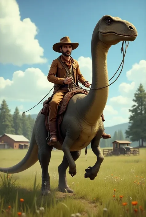 A Cowboy Captain All Dressed in Brown and with His Sheriffs Ribbon Riding a Very Large Diplodocus Dinosaur with His Large Frame and Strings on the Grass, trees, farm, and Dinosaurs .