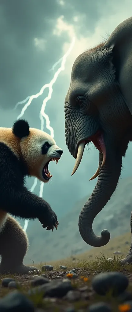 Create an image depicting an angry panda and an irate elephant facing each other, both exhibiting intense expressions. The panda should have a fierce snarl, with furrowed brows and bared teeth, while the elephant displays its anger with flared ears, a rais...