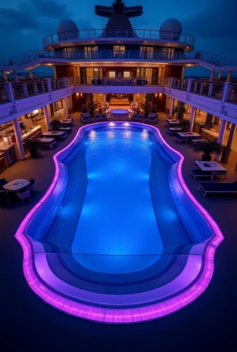  A giant and luxurious cruise pool in black with purple LED lights, with bar and water slide .