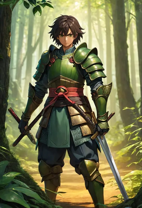 anime, (masterpiece, best quality, ultra detailed, best shadow), (detailed background, dark fantasy), (detailed human face and head), 1boy, male, best quality, cinematic lighting, darkness, character, bonze armor, tortoise warrior, wooden sword, tortoise f...