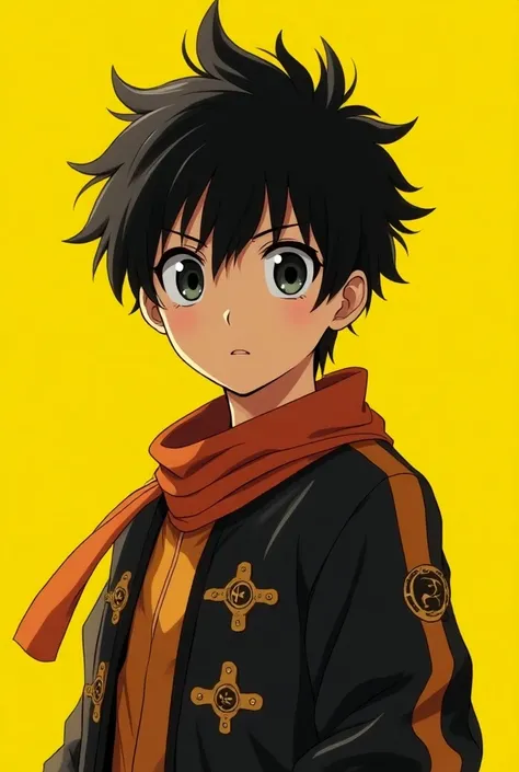 screencap, Style, anime boy, with black hair, Big, expressive eyes, with a defined body and unique clothes, athletic face, Yellow background.