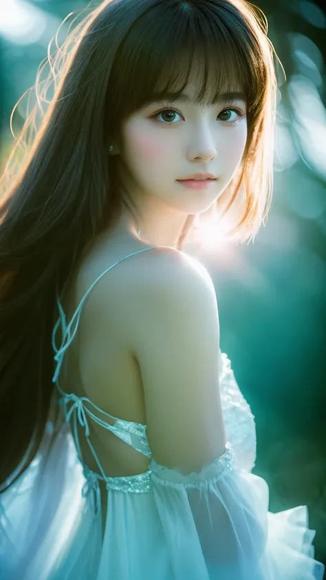 Highest quality　masterpiece　Beautiful girl with beautiful backlight　Photo style　Real　Close-up　Fantasy　Low key tone