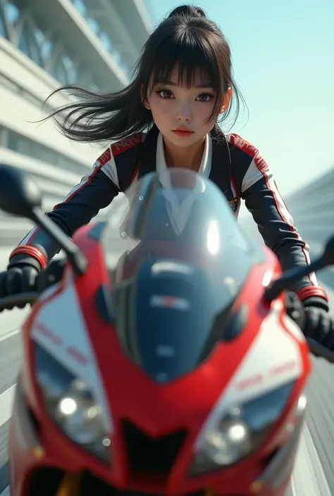 beautiful detailed eyes, beautiful detailed lips, extremely detailed eyes and face, long eyelashes, 1girl, Japanese school uniform, beautiful girl, white skin, supermodel, riding motorcycle, large red and white motorcycle, high-quality sci-fi action scene,...