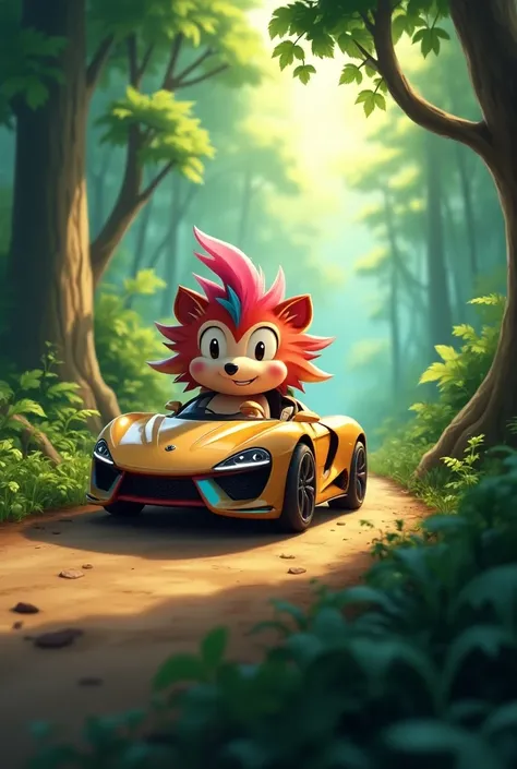 :A multicolored hedgehog cartoon character driving a sports car through a forest