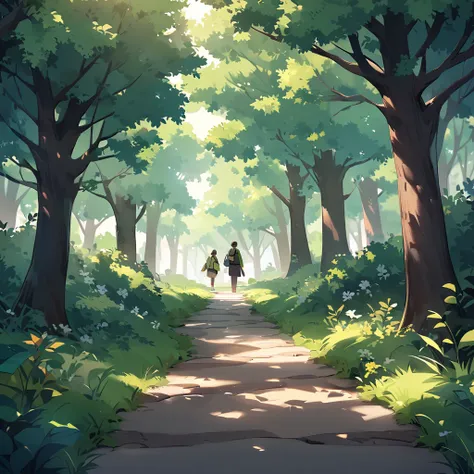 A Forest Trail Scene: Capture a scenic forest path with lush greenery, representing the journey and unexpected turns. A person can be seen walking slowly, reflecting on their thoughts.