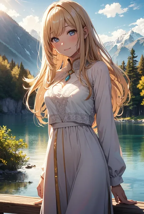 1 girl, happy expression, charming eyes, straight long hair, flowing skirt, big, looking at the sun, calm posture, porcelain-like skin, subtle blush, crystal pendant BREAK Golden Hour, (edge lighting): 1.2, cool colors, sun flare, soft shadows, bright colo...