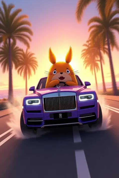 (((very small orange color Totoro driving a car CULLINAN in purple  color))),(((Little orange Totoro is driving happily while holding the wheel in the drivers seat1.9))),(((Shot looking down at an angle from above))),(((A car that is running at a great spe...