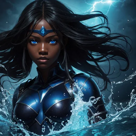 Portrait, 1girl, High Resolution, ebony girl, dark skin, hero girl, super hero, water super hero, blue eyes