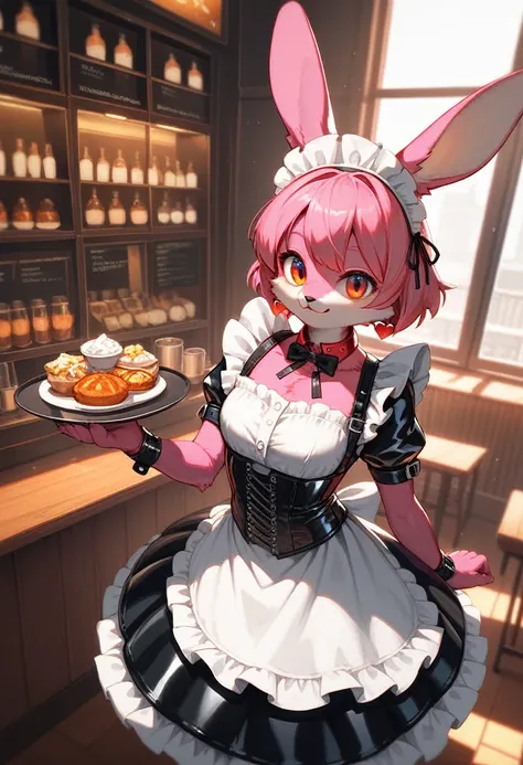 repay, repay,     high quality illustration  , masterpiece,  super high definition,    detailed background , Cafe,  absurd,  Perfect Anatomy, Good lighting, Shadows in the movies(kemono, Furry Personifi猫ion), rabbit, pink rubber maid outfit, Latex maid out...