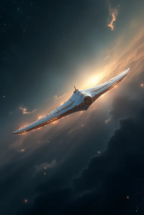 a massive nordic style alien unusual shape glowing bright ufo, made from light, extremely detailed and highly realistic, flying through the vast expanse of multiverse cosmic galaxy, with an enormous wingspan and intricate ornamental designs,white color and...