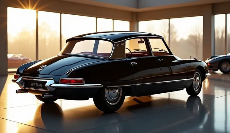 2025 Citroen DS 21 back side view in luxurious showroom, highly detailed, glossy black car body, chrome accents, elegant interior, plush leather seats, floor-to-ceiling windows, sunlight streaming in, photorealistic, studio lighting, 8K, best quality, mast...