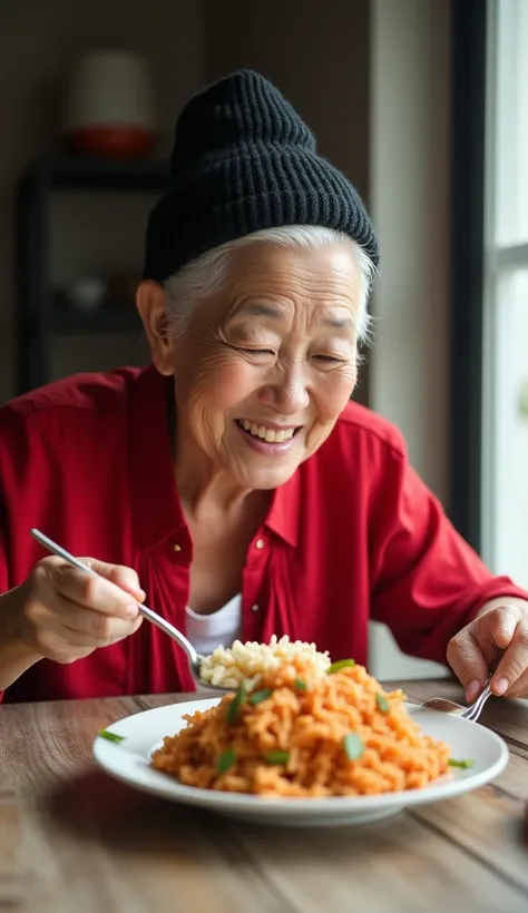 A 50-year-old woman, bald, without a hair tattoo, wearing a black yarn hat, a red blouse, ate delicious rice. 
A 40-year-old Thai woman wearing a white shirt with long hair and smiling 
The two sat at a dining table with food laid out full of tables. They ...