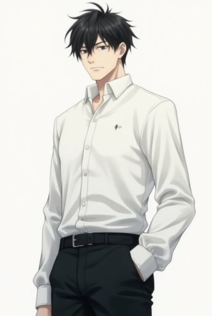 A male anime character, with the features of Jujutsu Kaisen , with 1,92 inches tall, white skin, medium black hair , Athletic body,  ordinary face and wearing a white shirt with black pants.