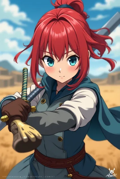 A girl with red hair, blue eyes, oval face in the West, holding a sword, firm gaze, and anime style