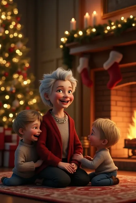 3D drawing grandmother with a  chatin and two blond baby boys in front of a fireplace at Christmas time Christmas. 