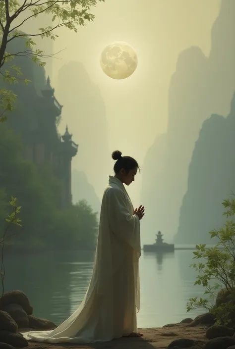 A person standing with hands folded, contemplating whether to touch someones feet. The background is an outdoor setting with subtle spiritual elements."