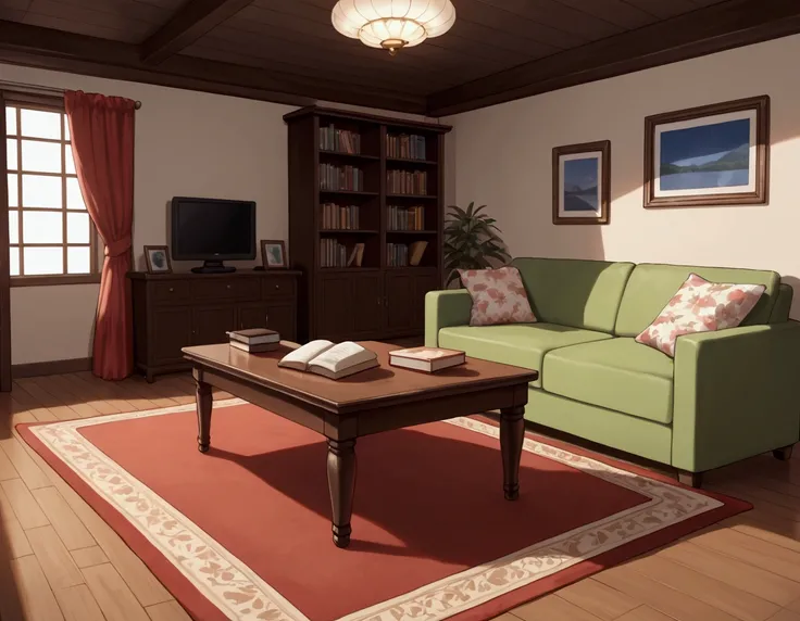 very aesthetic,anime,physics-based rendering,anime, a single bed, sofa, living table,carpet, desk, book shelf,night table, Scandinavian style interior-room, (about 13 square meters:1.5), afternoon, summer