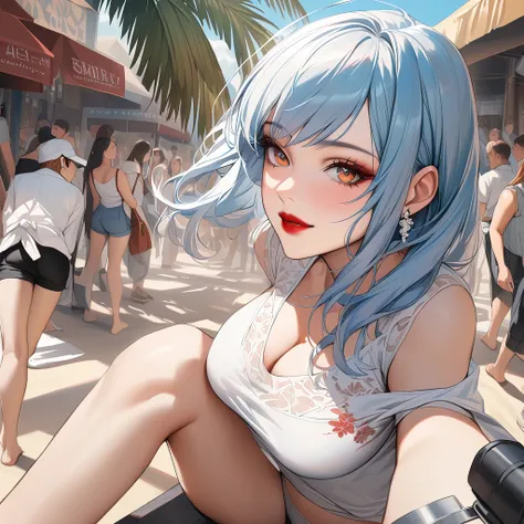 solo, full body,earrings, eyelashes, pantyhose,, (beach,(palm tree),crowd,(white shirt), floral print,red lips),sexy evocative smile,, (shiny skin:1.05),(blush:0.9),(skindentation:1.15),realistic, masterpiece, highest quality, highres,absurdres, (perfect f...